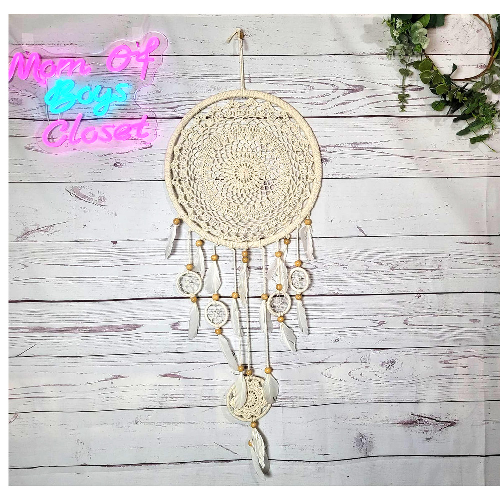 Hand Crafted White Feather Boho Crochet Lace Large Dreamcatcher Wall Hanging 42"